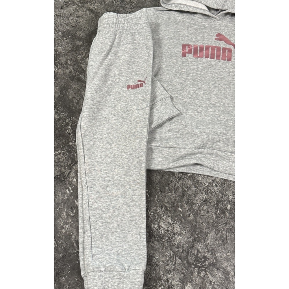 Puma Girls Fleece Hoodie Jogger Set Metallic Pink Heathered Gray Sz XS 6 - Picture 2 of 12
